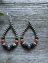 Load image into Gallery viewer, Southwestern Sterling Silver Multi Stone 4mm Pearls Bead Loop Dangle Earrings 3”