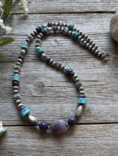 Load image into Gallery viewer, Sterling Silver Charoite Turquoise Bead Necklace. 22 Inch