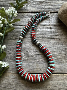 Southwestern 925 Sterling Silver Blue Turquoise Coral Bead Necklace 18 inch Gift