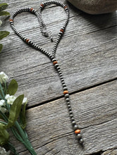 Load image into Gallery viewer, Sterling Silver Orange Spiny Oyster W Pearls Bead Lariat Y Necklace. 26 inch