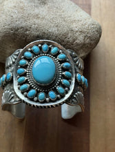 Load image into Gallery viewer, Navajo Native Sterling Silver Blue Turquoise Cluster Cuff Bracelet Signed Gift