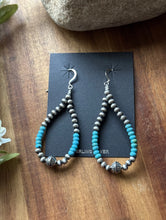 Load image into Gallery viewer, Sterling Silver Blue Turquoise Bead W Pearls Loop Hoop Earrings.