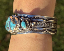 Load image into Gallery viewer, Navajo Native American Sterling Silver Blue Turquoise Row Cuff Bracelet J Nelson