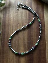 Load image into Gallery viewer, Sterling Silver Purple Spiny Oyster Sonoran Gold Turquoise Pearls Bead Necklace
