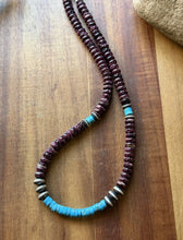 Load image into Gallery viewer, Sterling Silver Purple Spiny Oyster Heishi Turquoise Pearls Bead Necklace 18”