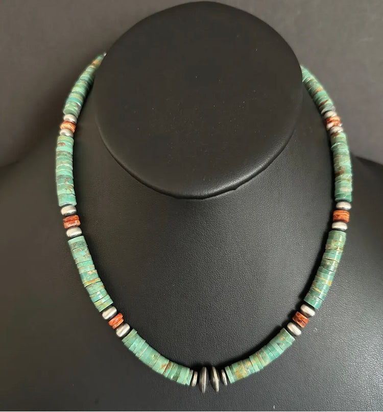 Mens Sterling Silver Green Turquoise Heishi Spiny Bead Necklace. 18 inch