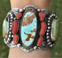 Load image into Gallery viewer, Navajo Native American Sterling Silver Royston Turquoise Coral Cuff Bracelet CY