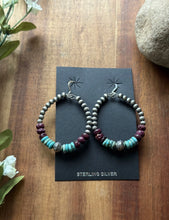 Load image into Gallery viewer, Sterling Silver Purple Spiny Oyster Turquoise Pearls Bead Loop Hoop Earrings