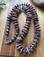 Load image into Gallery viewer, Sterling Silver Graduated Purple Spiny Oyster Turquoise Pearls Bead Necklace 34”