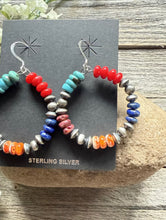Load image into Gallery viewer, Southwestern 925 Sterling Silver Multi Stone Pearls Hoop Earrings.