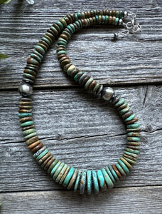 Sterling Silver Graduated Green Turquoise Bead Necklace. 18 inch