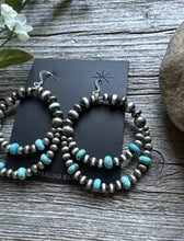 Load image into Gallery viewer, Southwestern Sterling Silver Blue Turquoise Pearls Double Loop Earrings 2.5 Inch
