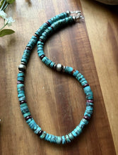 Load image into Gallery viewer, Sterling Silver Heishi Turquoise Purple Spiny Oyster Bead Necklace. 18 Inch