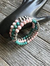 Load image into Gallery viewer, Sterling Silver Pink Conch Turquoise Pearls Wrap Spiral Bead Bracelet