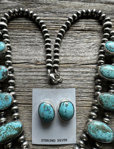 Navajo Sterling Silver White Water Turquoise Squash Blossom Pearls Necklace G