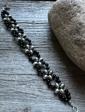Load image into Gallery viewer, Floral Sterling Silver Black Onyx Pearls Bead Bracelet. 7 Inch