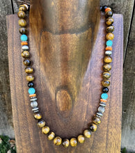 Load image into Gallery viewer, Southwestern 925 Sterling Silver Multi Stone Tigers Eye Bead Necklace 20 inch