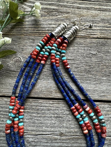 Sterling Silver Multi Strand Stone Lapis Spiny Turquoise Bead Necklace. 20 inch