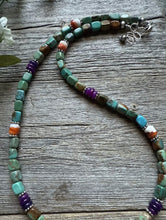 Load image into Gallery viewer, Sterling Silver Blue Green Turquoise Multi Stone Bead Necklace. 18 inch