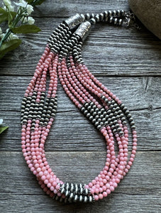 Sterling Silver Multi Strand Pink Coral W Pearls Bead Necklace 24 Inch