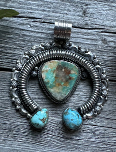 Native American Sterling Silver Royston Turquoise Naja Pendant Handmade CY