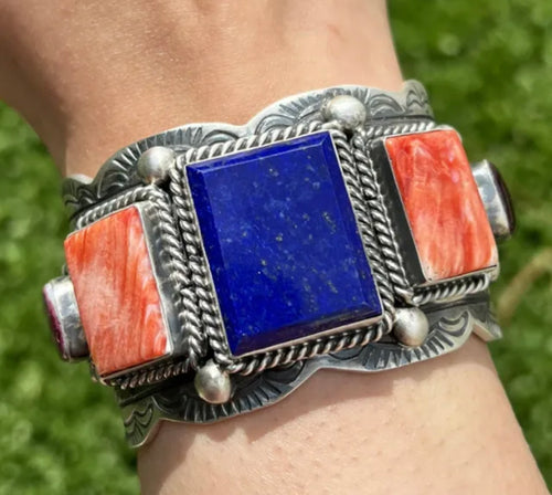 Native American Sterling Silver Multi Stone Lapis Spiny Oyster Cuff Bracelet. KY