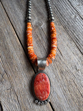 Load image into Gallery viewer, Handmade Navajo Sterling Silver and Orange Spiney Oyster Pendant  with Necklace