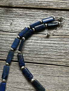 Sterling Silver Lapis Pearls Bead Necklace. 18 inch
