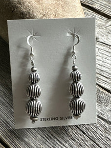 Southwestern 925 Sterling Silver Corrugated Pearls Bead Earrings. 2.25 Inch