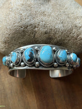 Load image into Gallery viewer, Navajo Native American Sterling Silver Blue Turquoise Row Cuff Bracelet J Nelson