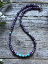 Load image into Gallery viewer, Sterling Silver Dyed Sugilite Charoite W Turquoise Bead Necklace 18 inch