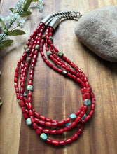 Load image into Gallery viewer, Sterling Silver Multi Strand Red Coral Turquoise Nuggets Bead Necklace 22 Inch