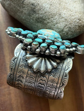 Load image into Gallery viewer, Native American Sterling Silver Turquoise Cluster Cuff Bracelet. RY