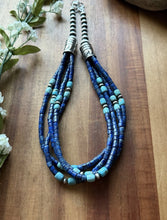 Load image into Gallery viewer, Sterling Silver Multi Strand Heishi Lapis Turquoise Pearls Bead Necklace 18 inch