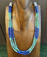 Load image into Gallery viewer, Sterling Silver Heishi Multi Strand Stone Lapis Turquoise Bead Necklace. 24 inch