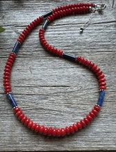 Load image into Gallery viewer, Sterling Silver Red Coral Lapis Bead Necklace. 18 inch Gift