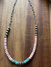 Load image into Gallery viewer, Sterling Silver Graduated Pink Conch Turquoise Pearls Chain Bead Necklace 16inch