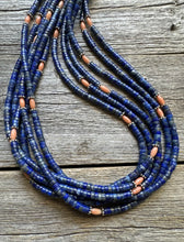 Load image into Gallery viewer, Sterling Silver Multi Strand Stone Lapis Pink Coral Bead Necklace. 26 inch