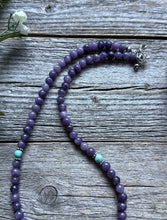 Load image into Gallery viewer, Sterling Silver Dyed Sugilite Charoite W Turquoise Bead Necklace 18 inch