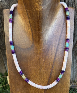 Southwestern Sterling Silver Pink Conch Multi Stone Bead Necklace. 18 Inch