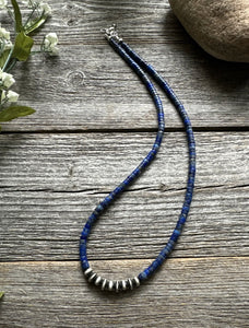 Southwestern 925 Sterling Silver Lapis Pearls Bead Necklace 18 Inch