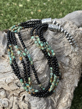 Load image into Gallery viewer, Sterling Silver Multi Strand Black Onyx Turquoise Nuggets Bead Necklace. 24 Inch