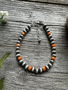 Genuine Orange Spiny Oyster 6mm 7 Inch 925 Sterling Silver Pearls Bead Bracelet