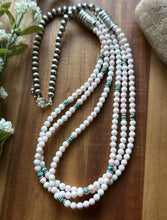 Load image into Gallery viewer, Sterling Silver Pink Conch Turquoise Pearls Multi Strand Bead Necklace. 30 Inch
