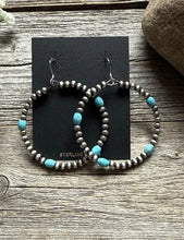 Load image into Gallery viewer, Southwestern Sterling Silver Turquoise Pearls Bead Hoop Earrings 2.5 Inch