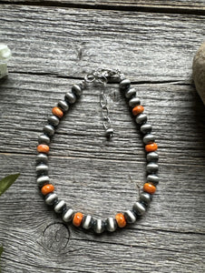 Genuine Orange Spiny Oyster 6mm 7 Inch 925 Sterling Silver Pearls Bead Bracelet