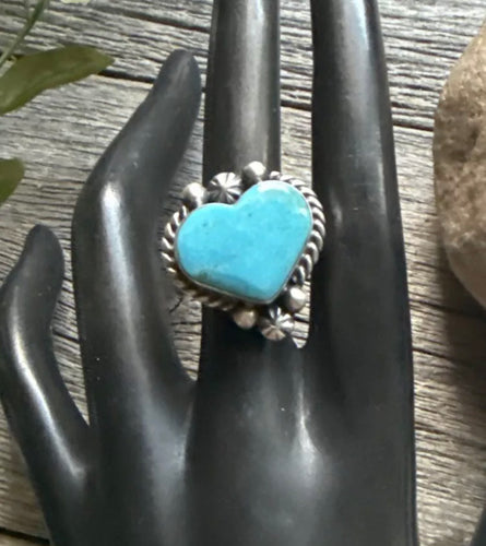 Native American Sterling Silver Blue Turquoise Adjustable Heart Ring. AM