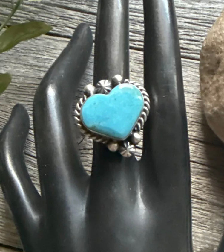 Native American Sterling Silver Blue Turquoise Adjustable Heart Ring. AM
