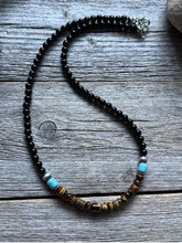 Load image into Gallery viewer, Sterling Silver Black Onyx Tigers Eye Turquoise Bead Necklace. 18 Inch Gift