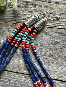 Sterling Silver Multi Strand Stone Lapis Spiny Turquoise Bead Necklace. 20 inch
